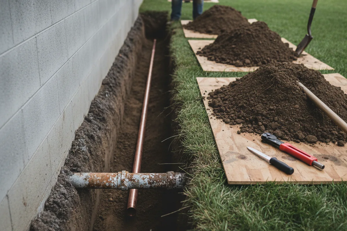 Excavated water line trench during Water Heater Repair in South Vienna